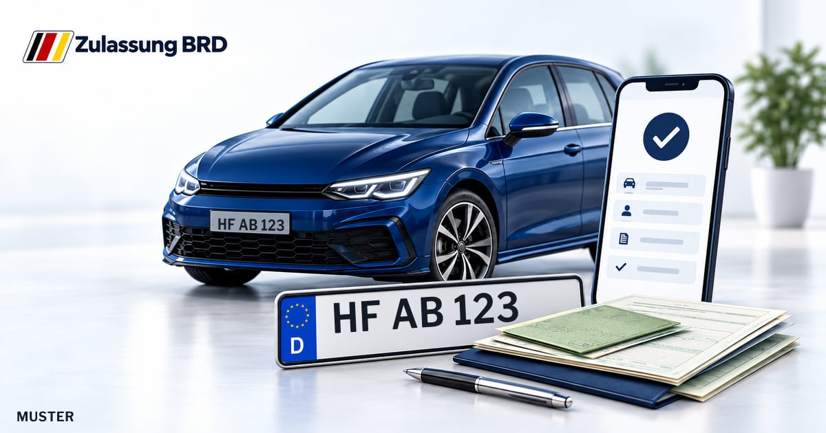 Online Fahrzeugzulassung in Hiddenhausen: Musterkennzeichen HF AB 123, Auto und Fahrzeugpapiere und Smartphone. Illustration mit Logo von Zulassung BRD.